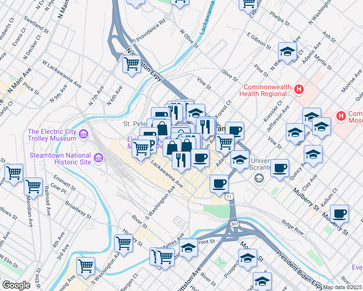 map of restaurants, bars, coffee shops, grocery stores, and more near 216 Wyoming Ave in Scranton