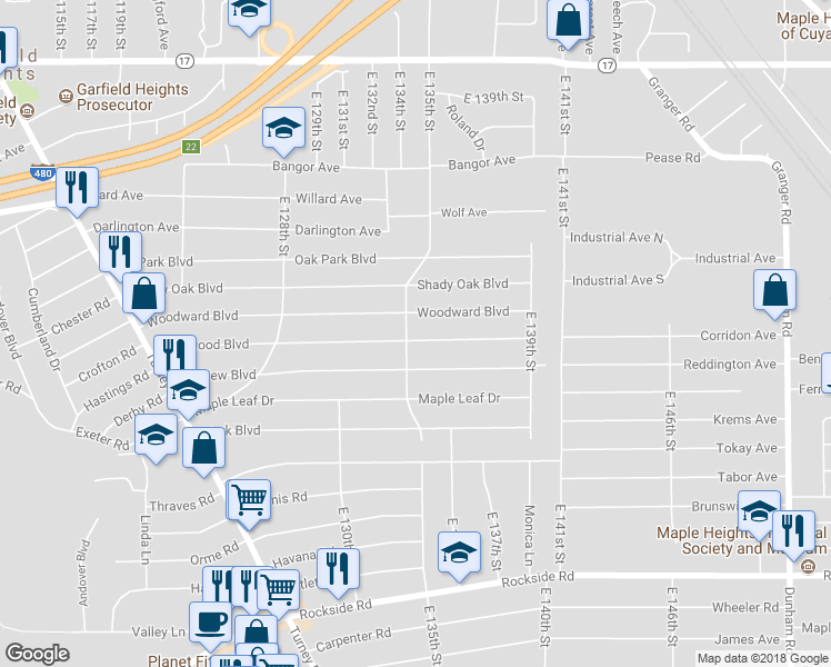 map of restaurants, bars, coffee shops, grocery stores, and more near 13505 Eastwood Boulevard in Garfield Heights
