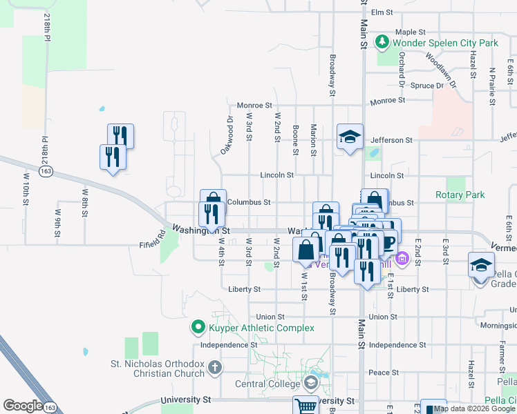 map of restaurants, bars, coffee shops, grocery stores, and more near 913 West 3rd Street in Pella
