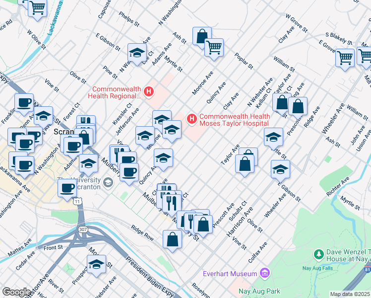 map of restaurants, bars, coffee shops, grocery stores, and more near 621 Clay Avenue in Scranton