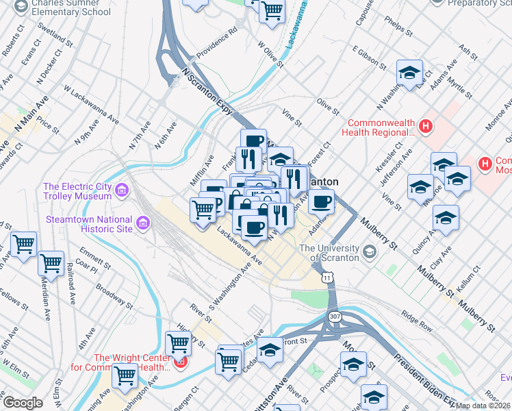 map of restaurants, bars, coffee shops, grocery stores, and more near in Scranton