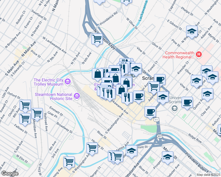 map of restaurants, bars, coffee shops, grocery stores, and more near 111 Penn Avenue in Scranton