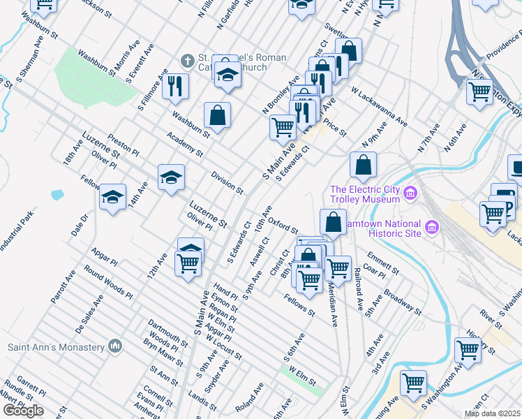 map of restaurants, bars, coffee shops, grocery stores, and more near 244 10th Avenue in Scranton