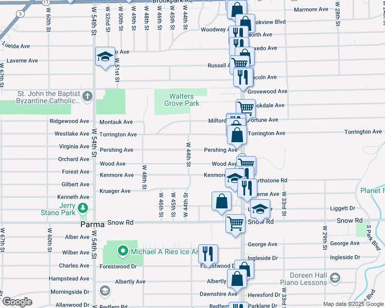 map of restaurants, bars, coffee shops, grocery stores, and more near 4206 Wood Avenue in Parma
