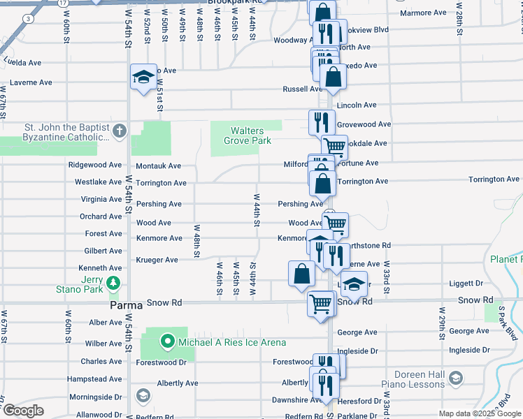 map of restaurants, bars, coffee shops, grocery stores, and more near 4206 Wood Avenue in Parma