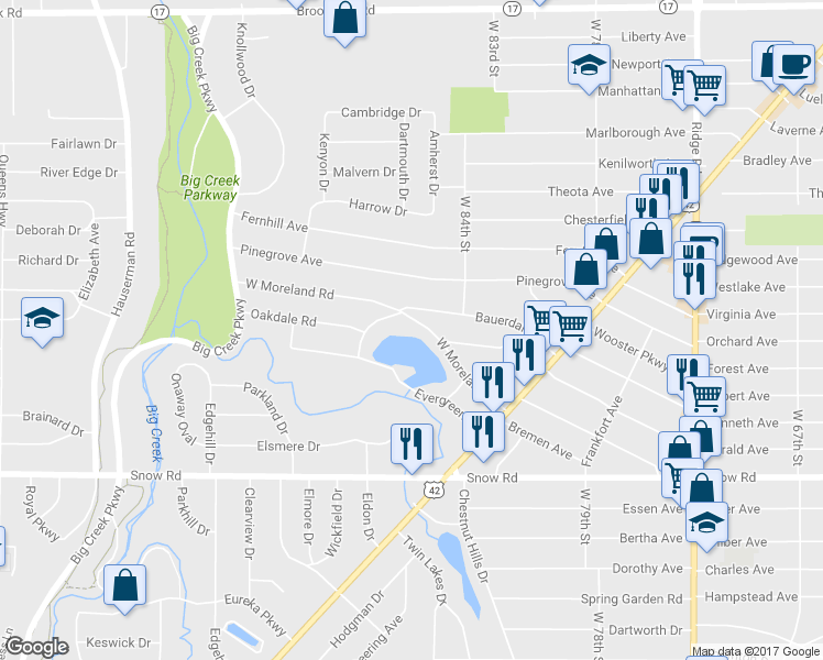 map of restaurants, bars, coffee shops, grocery stores, and more near 8711 West Moreland Road in Parma