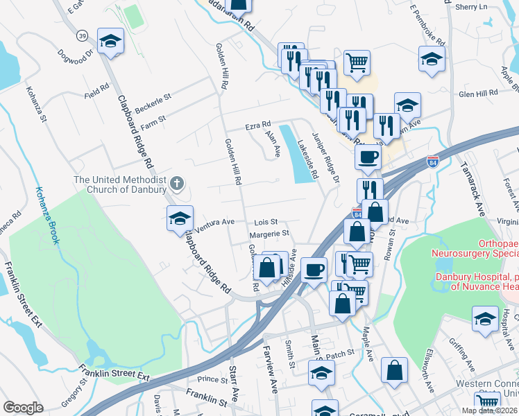 map of restaurants, bars, coffee shops, grocery stores, and more near 13 Golden Hill Lane in Danbury