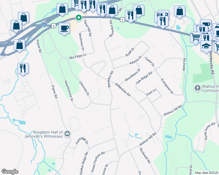 map of restaurants, bars, coffee shops, grocery stores, and more near 43 Benedict Road in Bethel