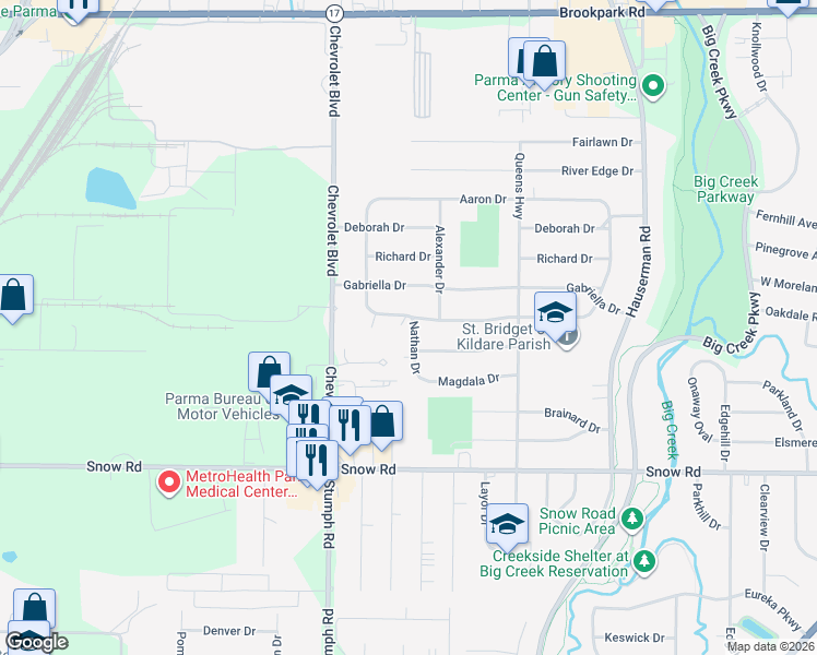 map of restaurants, bars, coffee shops, grocery stores, and more near 11389 Sharon Drive in Parma