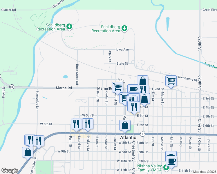 map of restaurants, bars, coffee shops, grocery stores, and more near 302 West 2nd Street in Atlantic