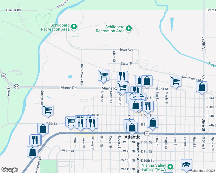 map of restaurants, bars, coffee shops, grocery stores, and more near 302 West 2nd Street in Atlantic