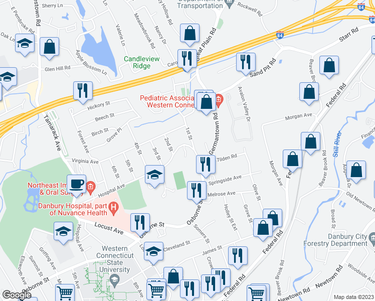 map of restaurants, bars, coffee shops, grocery stores, and more near 96 Hospital Avenue in Danbury