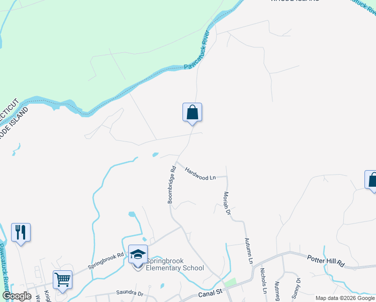 map of restaurants, bars, coffee shops, grocery stores, and more near 61 Boombridge Road in Westerly