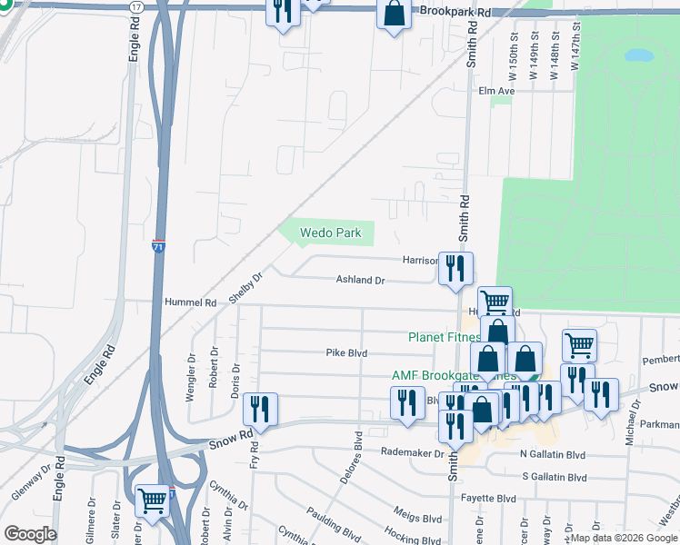 map of restaurants, bars, coffee shops, grocery stores, and more near 16058 Ashland Drive in Brook Park