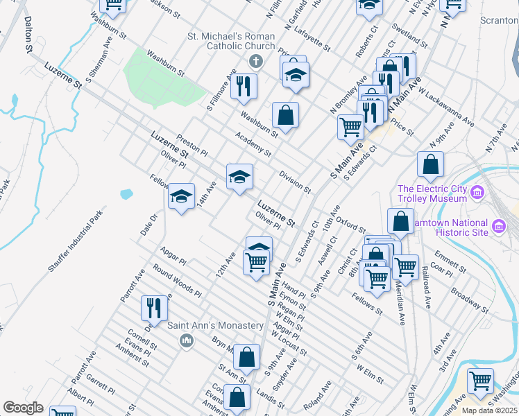 map of restaurants, bars, coffee shops, grocery stores, and more near 1159 Luzerne Street in Scranton