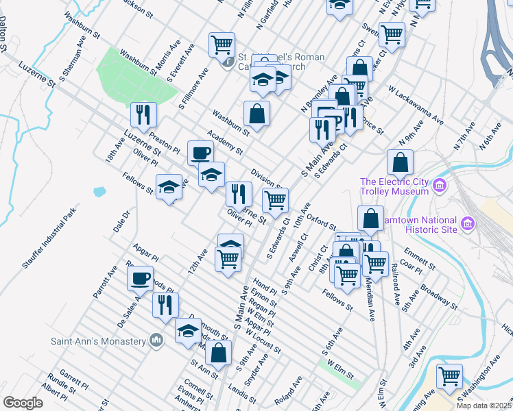 map of restaurants, bars, coffee shops, grocery stores, and more near 1130 Luzerne Street in Scranton