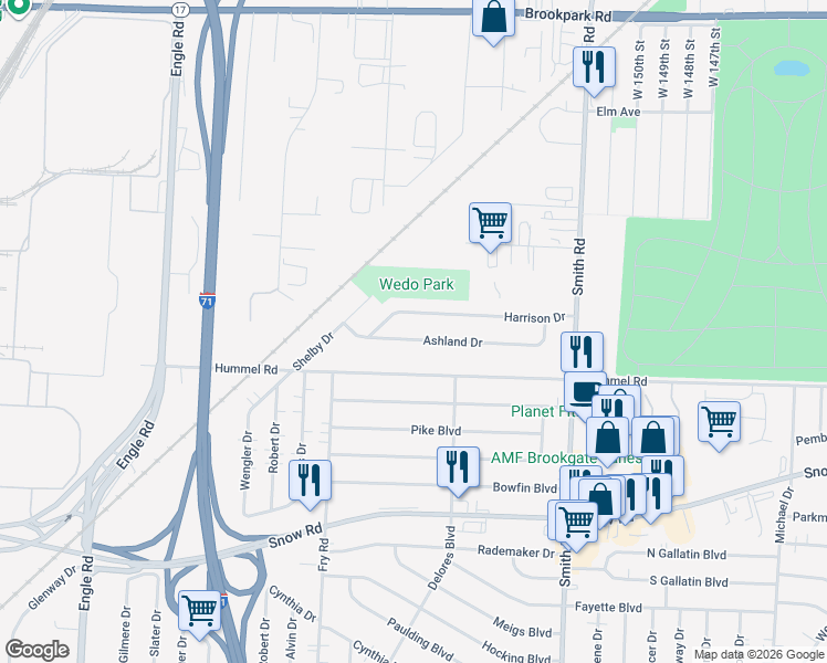 map of restaurants, bars, coffee shops, grocery stores, and more near 16058 Ashland Drive in Brook Park