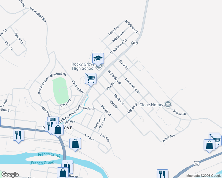 map of restaurants, bars, coffee shops, grocery stores, and more near 115 Nesbit St in Franklin