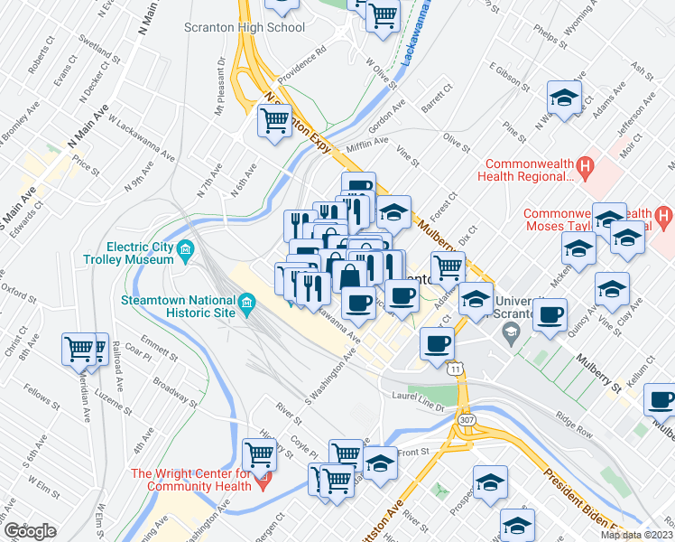 map of restaurants, bars, coffee shops, grocery stores, and more near 310 Spruce Street in Scranton