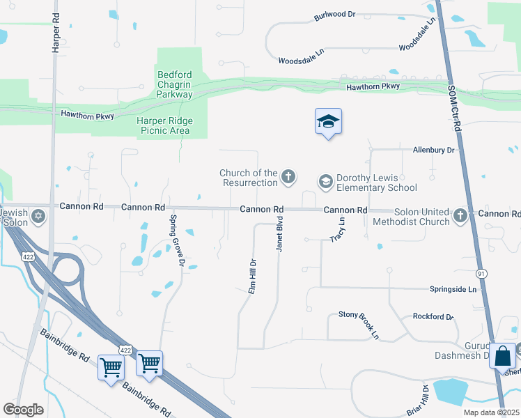 map of restaurants, bars, coffee shops, grocery stores, and more near Cannon Road in Cleveland