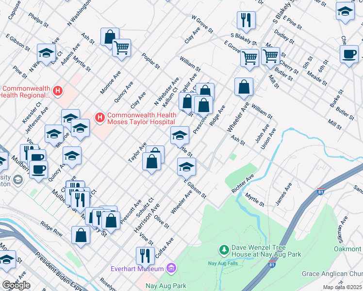 map of restaurants, bars, coffee shops, grocery stores, and more near 843 Prescott Avenue in Scranton