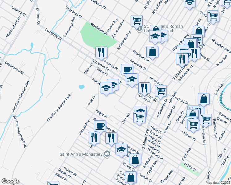 map of restaurants, bars, coffee shops, grocery stores, and more near 436 13th Avenue in Scranton