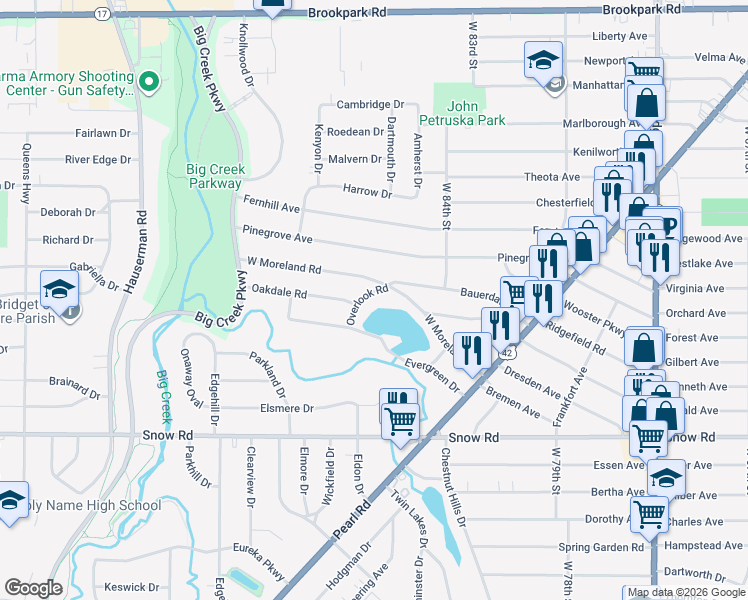 map of restaurants, bars, coffee shops, grocery stores, and more near 5615 Overlook Road in Parma