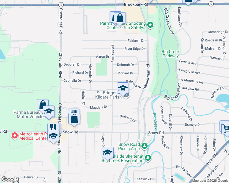 map of restaurants, bars, coffee shops, grocery stores, and more near 5590 Queens Highway in Parma