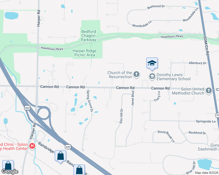 map of restaurants, bars, coffee shops, grocery stores, and more near Cannon Road in Cleveland