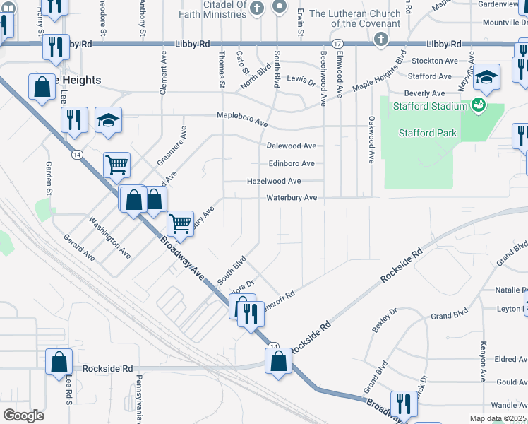 map of restaurants, bars, coffee shops, grocery stores, and more near 5593 South Boulevard in Maple Heights