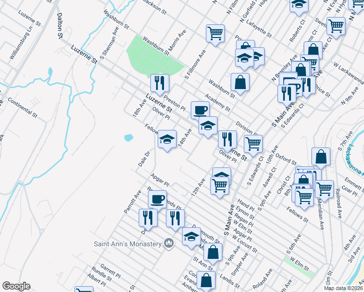 map of restaurants, bars, coffee shops, grocery stores, and more near 436 13th Avenue in Scranton