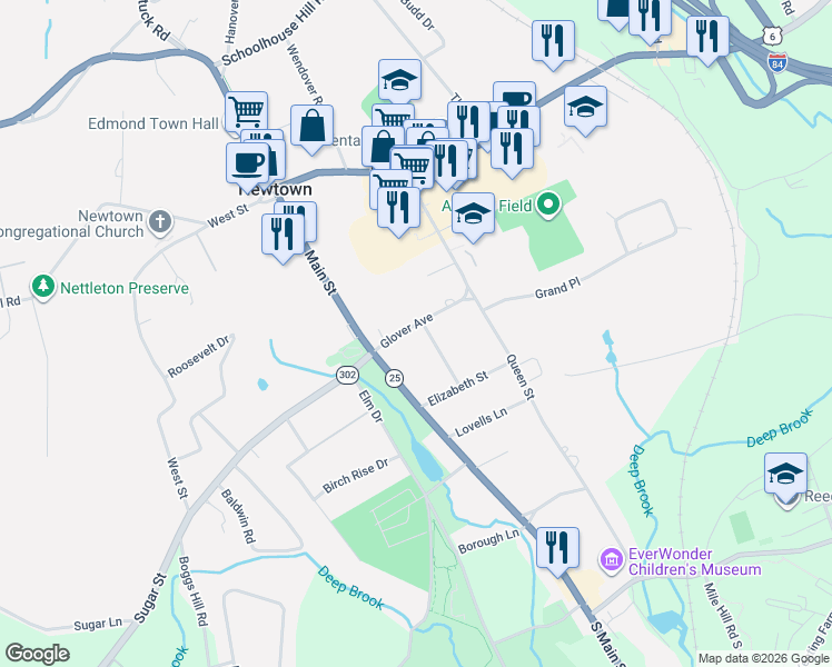 map of restaurants, bars, coffee shops, grocery stores, and more near 8 Glover Avenue in Newtown