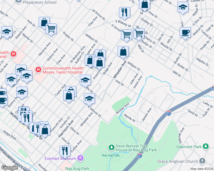 map of restaurants, bars, coffee shops, grocery stores, and more near in Dunmore