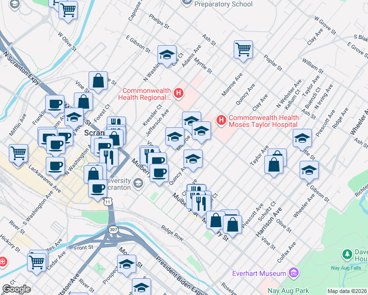 map of restaurants, bars, coffee shops, grocery stores, and more near 520 Monroe Avenue in Scranton