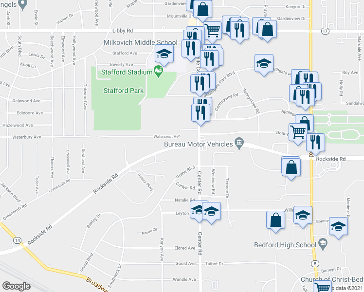 map of restaurants, bars, coffee shops, grocery stores, and more near 19999 Rockside Road in Bedford