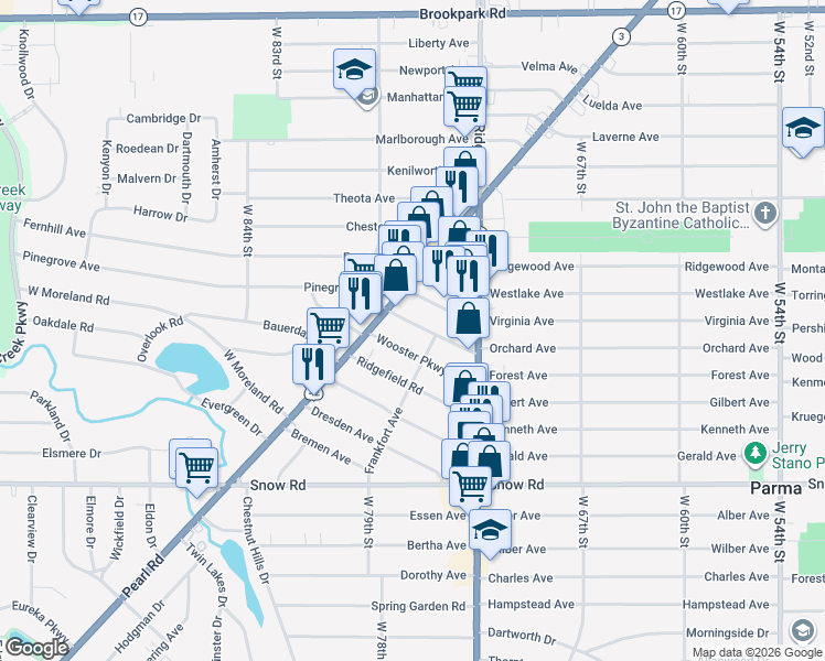 map of restaurants, bars, coffee shops, grocery stores, and more near 7507 Arden Avenue in Cleveland