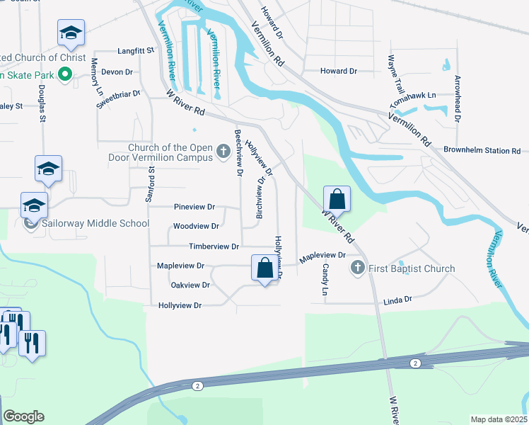 map of restaurants, bars, coffee shops, grocery stores, and more near 1367 Birchview Drive in Vermilion