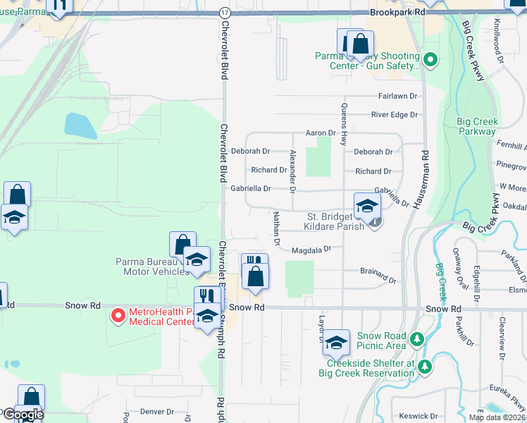 map of restaurants, bars, coffee shops, grocery stores, and more near 11389 Sharon Drive in Parma