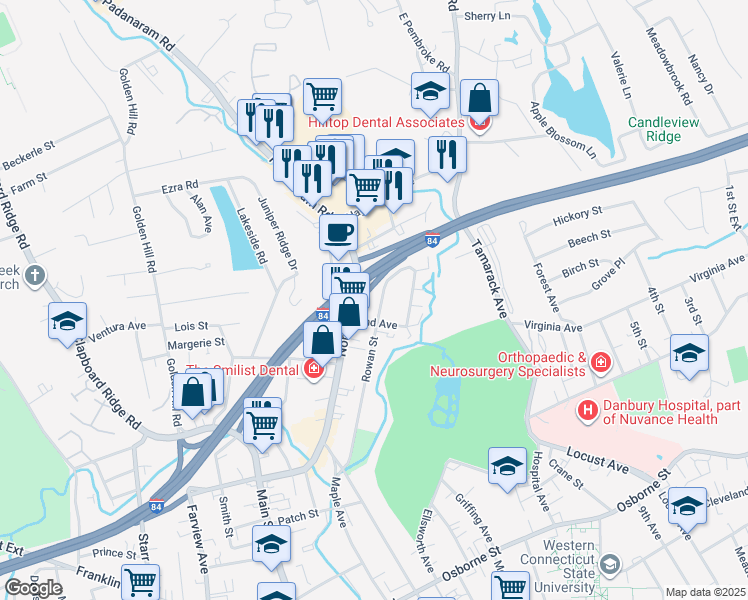 map of restaurants, bars, coffee shops, grocery stores, and more near 92 North Street in Danbury