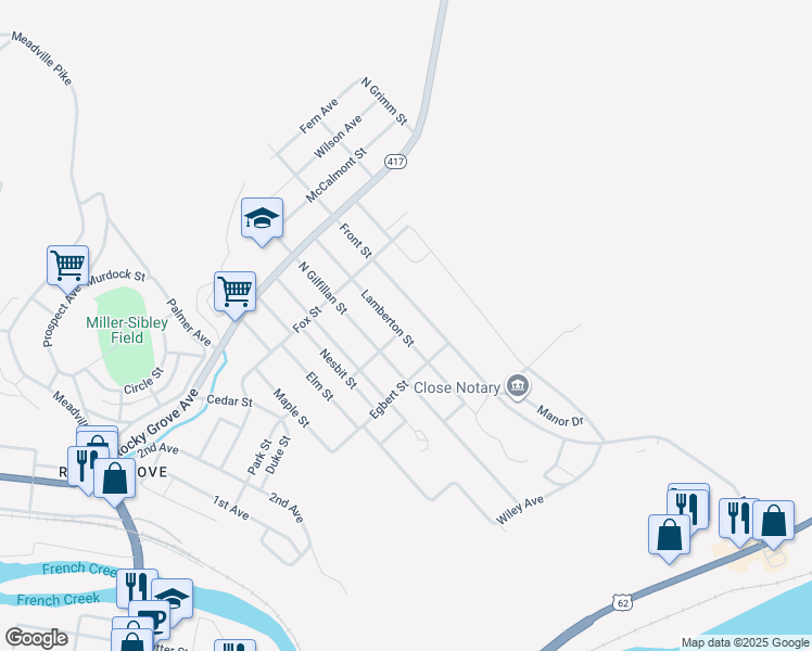 map of restaurants, bars, coffee shops, grocery stores, and more near 509 Kennerdell Street in Franklin