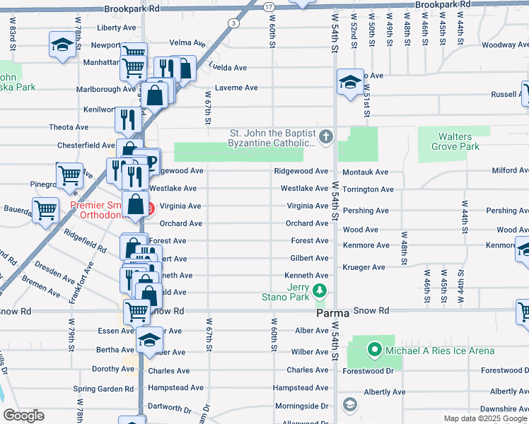 map of restaurants, bars, coffee shops, grocery stores, and more near 6106 Orchard Avenue in Parma