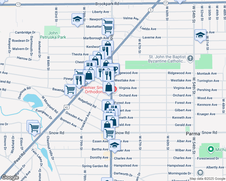 map of restaurants, bars, coffee shops, grocery stores, and more near 5620 Ridge Road in Parma