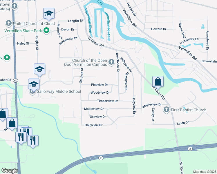 map of restaurants, bars, coffee shops, grocery stores, and more near 4874 Woodview Drive in Vermilion