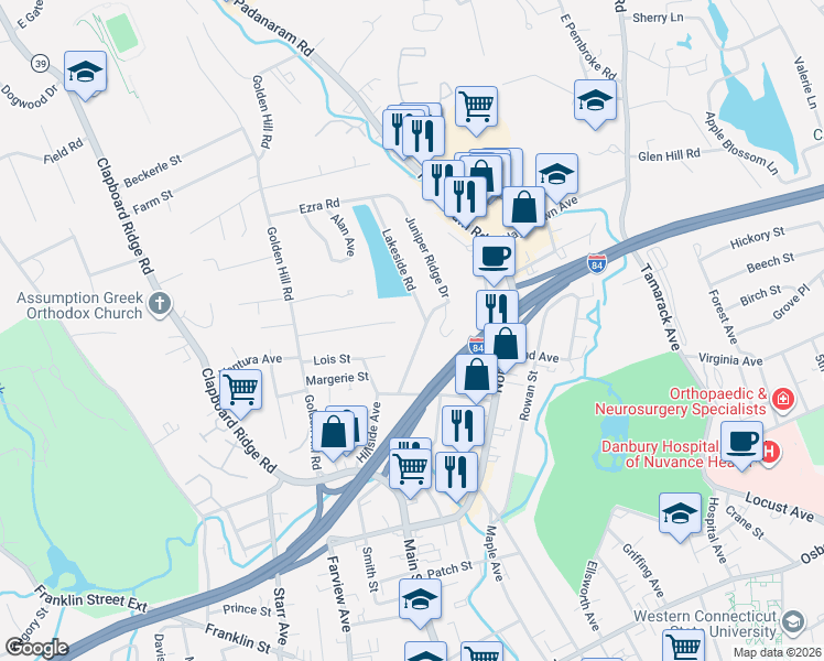 map of restaurants, bars, coffee shops, grocery stores, and more near 8 Juniper Ridge Drive in Danbury