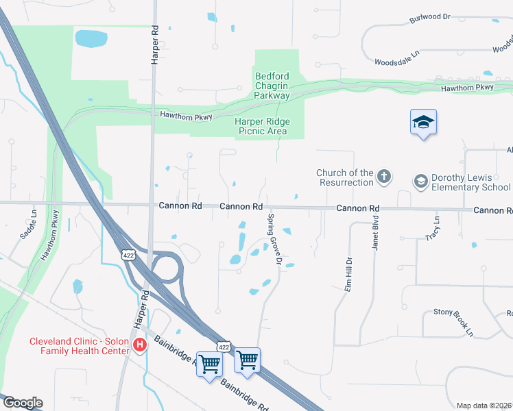 map of restaurants, bars, coffee shops, grocery stores, and more near 30875 Blue Pond in Solon