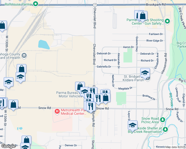 map of restaurants, bars, coffee shops, grocery stores, and more near 5570 Chevrolet Boulevard in Parma