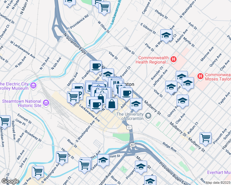 map of restaurants, bars, coffee shops, grocery stores, and more near 303 North Washington Avenue in Scranton
