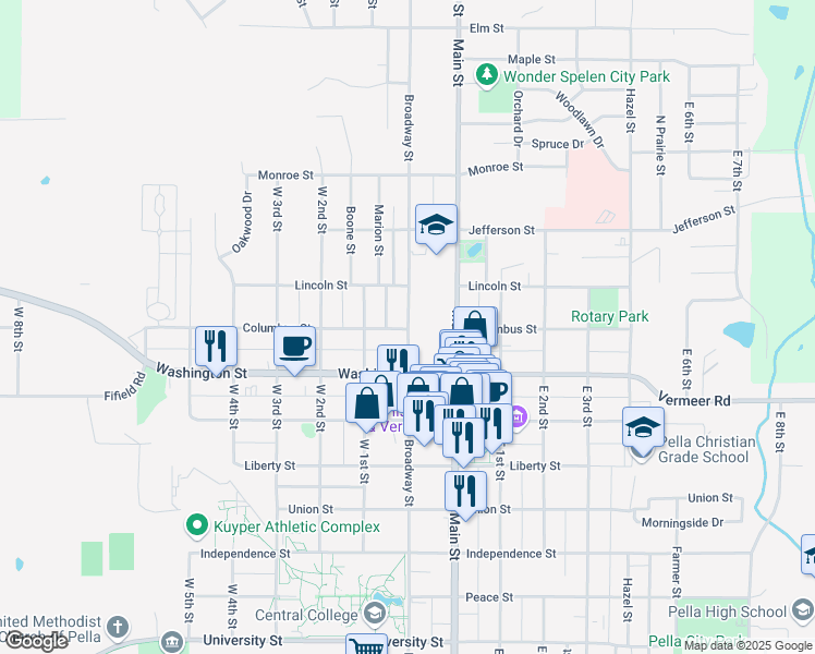 map of restaurants, bars, coffee shops, grocery stores, and more near 1005 Broadway Street in Pella