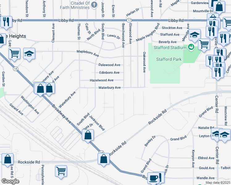 map of restaurants, bars, coffee shops, grocery stores, and more near 126 Tudor Avenue in Bedford