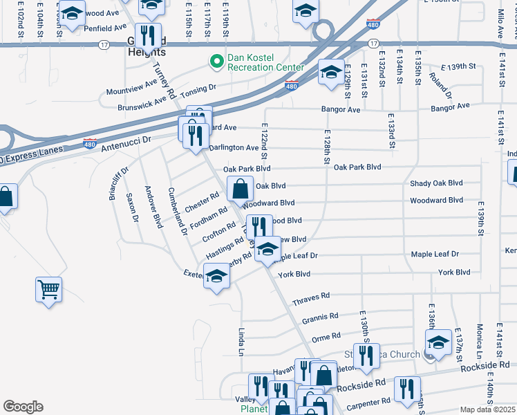 map of restaurants, bars, coffee shops, grocery stores, and more near 12104 Woodward Boulevard in Garfield Heights
